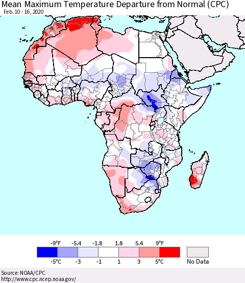 Africa Mean Maximum Temperature Departure from Normal (CPC) Thematic Map For 2/10/2020 - 2/16/2020