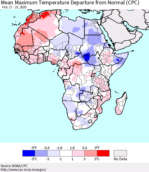 Africa Mean Maximum Temperature Departure from Normal (CPC) Thematic Map For 2/17/2020 - 2/23/2020