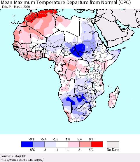 Africa Mean Maximum Temperature Departure from Normal (CPC) Thematic Map For 2/24/2020 - 3/1/2020