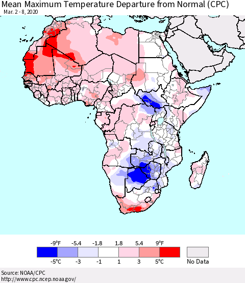 Africa Mean Maximum Temperature Departure from Normal (CPC) Thematic Map For 3/2/2020 - 3/8/2020