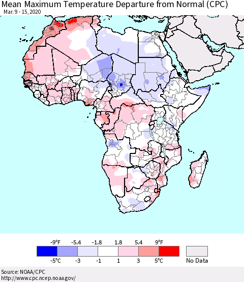 Africa Mean Maximum Temperature Departure from Normal (CPC) Thematic Map For 3/9/2020 - 3/15/2020