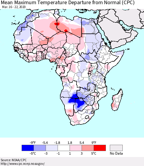 Africa Mean Maximum Temperature Departure from Normal (CPC) Thematic Map For 3/16/2020 - 3/22/2020