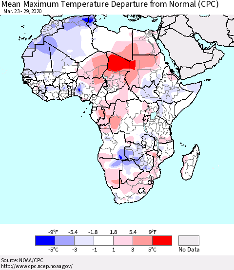 Africa Mean Maximum Temperature Departure from Normal (CPC) Thematic Map For 3/23/2020 - 3/29/2020