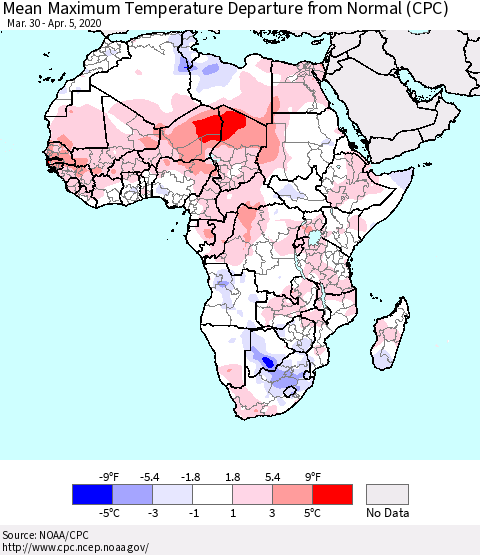 Africa Mean Maximum Temperature Departure from Normal (CPC) Thematic Map For 3/30/2020 - 4/5/2020