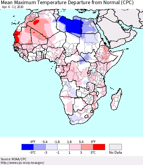 Africa Mean Maximum Temperature Departure from Normal (CPC) Thematic Map For 4/6/2020 - 4/12/2020
