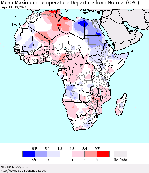 Africa Mean Maximum Temperature Departure from Normal (CPC) Thematic Map For 4/13/2020 - 4/19/2020