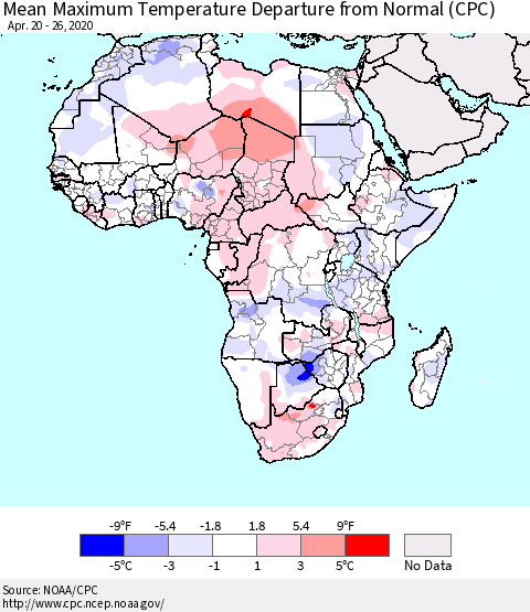 Africa Mean Maximum Temperature Departure from Normal (CPC) Thematic Map For 4/20/2020 - 4/26/2020
