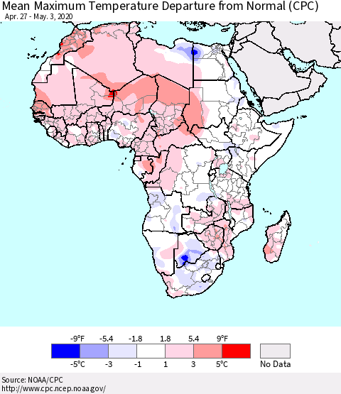 Africa Mean Maximum Temperature Departure from Normal (CPC) Thematic Map For 4/27/2020 - 5/3/2020