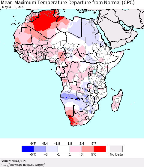 Africa Mean Maximum Temperature Departure from Normal (CPC) Thematic Map For 5/4/2020 - 5/10/2020