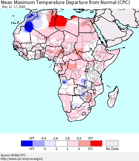 Africa Mean Maximum Temperature Departure from Normal (CPC) Thematic Map For 5/11/2020 - 5/17/2020