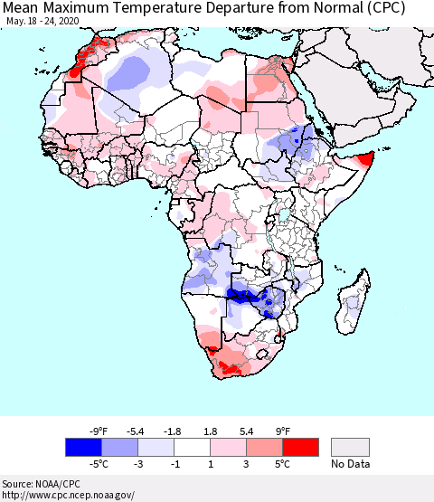 Africa Mean Maximum Temperature Departure from Normal (CPC) Thematic Map For 5/18/2020 - 5/24/2020