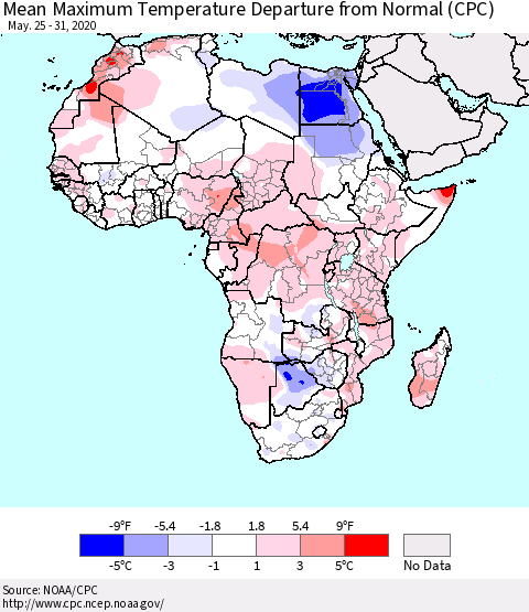 Africa Mean Maximum Temperature Departure from Normal (CPC) Thematic Map For 5/25/2020 - 5/31/2020