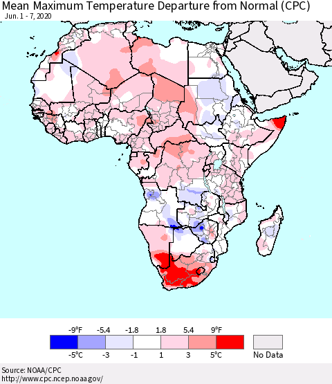 Africa Mean Maximum Temperature Departure from Normal (CPC) Thematic Map For 6/1/2020 - 6/7/2020