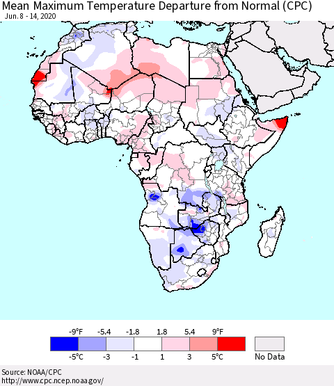 Africa Mean Maximum Temperature Departure from Normal (CPC) Thematic Map For 6/8/2020 - 6/14/2020