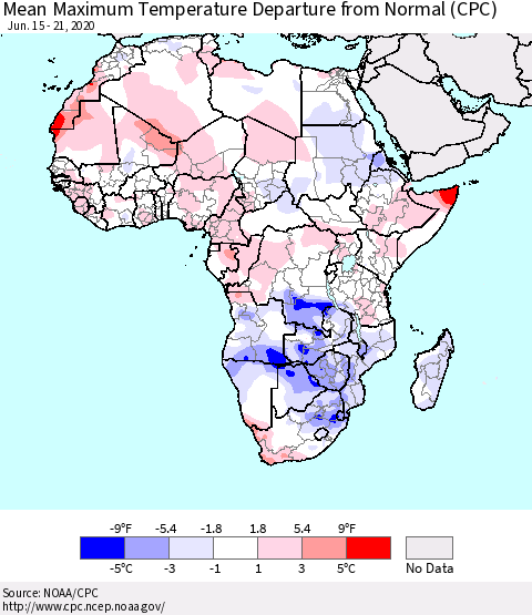 Africa Mean Maximum Temperature Departure from Normal (CPC) Thematic Map For 6/15/2020 - 6/21/2020