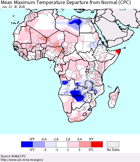 Africa Mean Maximum Temperature Departure from Normal (CPC) Thematic Map For 6/22/2020 - 6/28/2020