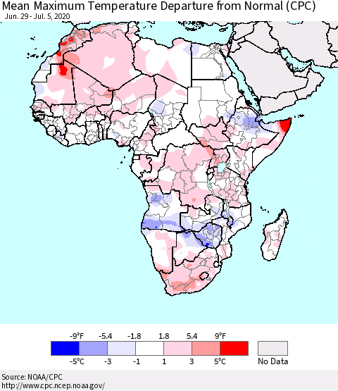 Africa Mean Maximum Temperature Departure from Normal (CPC) Thematic Map For 6/29/2020 - 7/5/2020