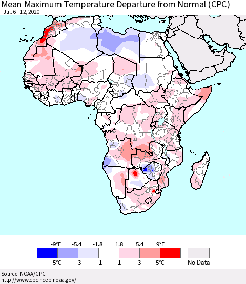 Africa Mean Maximum Temperature Departure from Normal (CPC) Thematic Map For 7/6/2020 - 7/12/2020