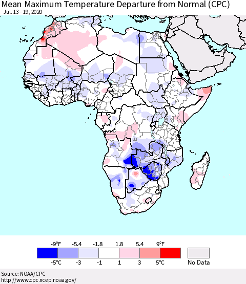 Africa Mean Maximum Temperature Departure from Normal (CPC) Thematic Map For 7/13/2020 - 7/19/2020