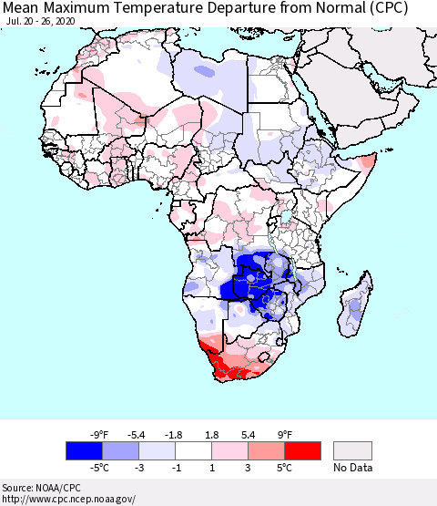 Africa Mean Maximum Temperature Departure from Normal (CPC) Thematic Map For 7/20/2020 - 7/26/2020