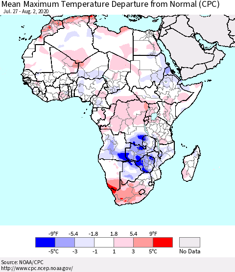 Africa Mean Maximum Temperature Departure from Normal (CPC) Thematic Map For 7/27/2020 - 8/2/2020