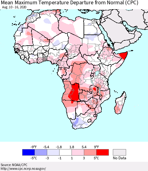 Africa Mean Maximum Temperature Departure from Normal (CPC) Thematic Map For 8/10/2020 - 8/16/2020