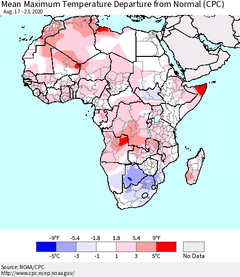 Africa Mean Maximum Temperature Departure from Normal (CPC) Thematic Map For 8/17/2020 - 8/23/2020