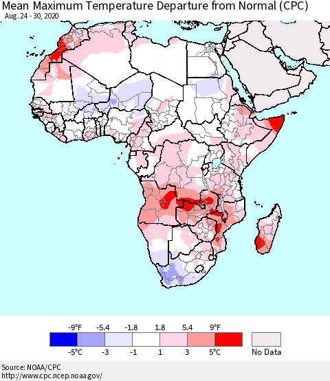 Africa Mean Maximum Temperature Departure from Normal (CPC) Thematic Map For 8/24/2020 - 8/30/2020