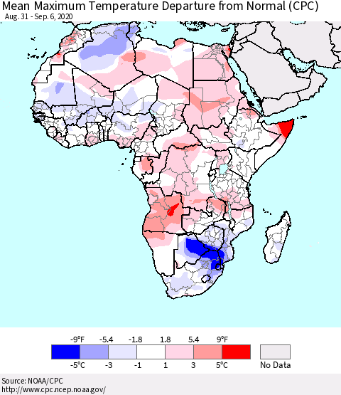 Africa Mean Maximum Temperature Departure from Normal (CPC) Thematic Map For 8/31/2020 - 9/6/2020