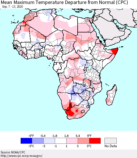 Africa Mean Maximum Temperature Departure from Normal (CPC) Thematic Map For 9/7/2020 - 9/13/2020