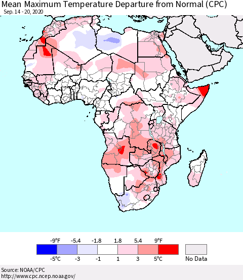 Africa Mean Maximum Temperature Departure from Normal (CPC) Thematic Map For 9/14/2020 - 9/20/2020