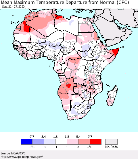 Africa Mean Maximum Temperature Departure from Normal (CPC) Thematic Map For 9/21/2020 - 9/27/2020