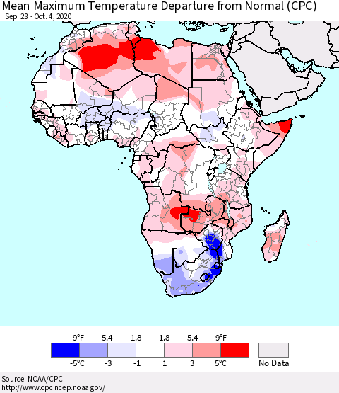 Africa Mean Maximum Temperature Departure from Normal (CPC) Thematic Map For 9/28/2020 - 10/4/2020