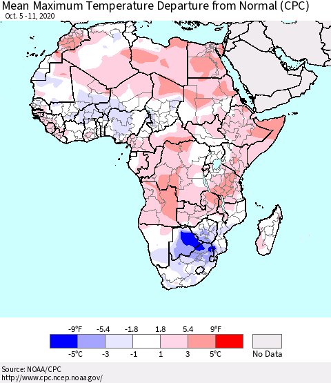 Africa Mean Maximum Temperature Departure from Normal (CPC) Thematic Map For 10/5/2020 - 10/11/2020