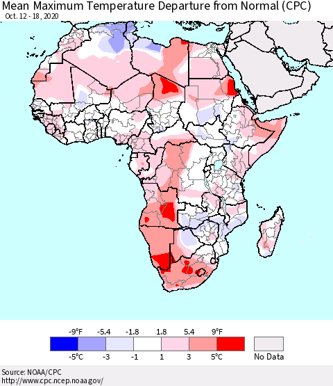 Africa Mean Maximum Temperature Departure from Normal (CPC) Thematic Map For 10/12/2020 - 10/18/2020