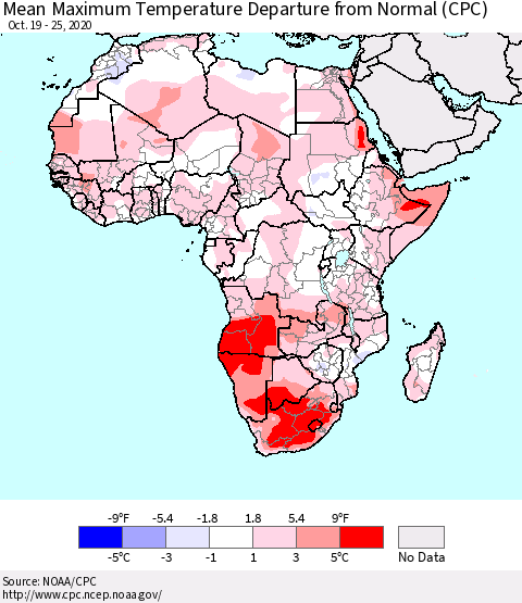 Africa Maximum Temperature Departure From Normal (CPC) Thematic Map For 10/19/2020 - 10/25/2020