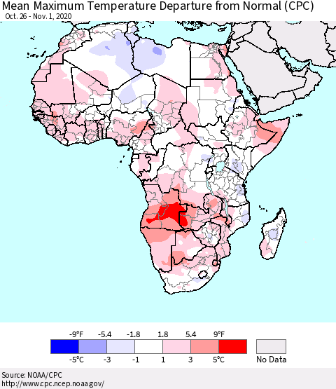 Africa Mean Maximum Temperature Departure from Normal (CPC) Thematic Map For 10/26/2020 - 11/1/2020