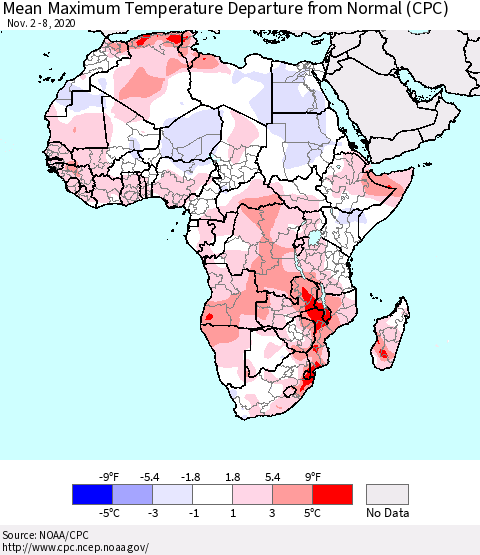 Africa Maximum Temperature Departure From Normal (CPC) Thematic Map For 11/2/2020 - 11/8/2020