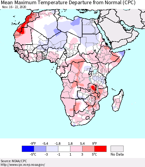 Africa Mean Maximum Temperature Departure from Normal (CPC) Thematic Map For 11/16/2020 - 11/22/2020