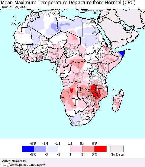 Africa Mean Maximum Temperature Departure from Normal (CPC) Thematic Map For 11/23/2020 - 11/29/2020