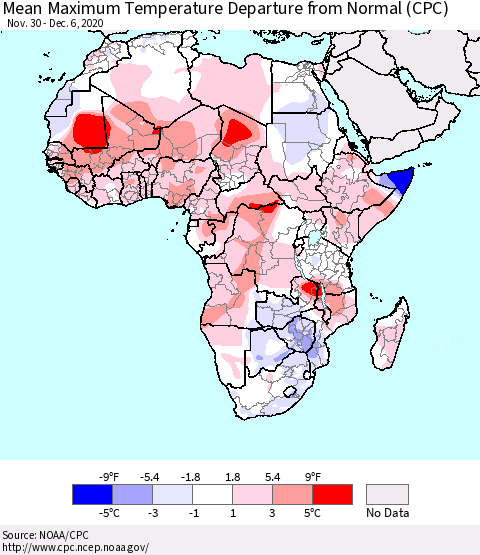 Africa Mean Maximum Temperature Departure from Normal (CPC) Thematic Map For 11/30/2020 - 12/6/2020