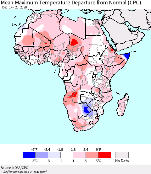 Africa Maximum Temperature Departure From Normal (CPC) Thematic Map For 12/14/2020 - 12/20/2020