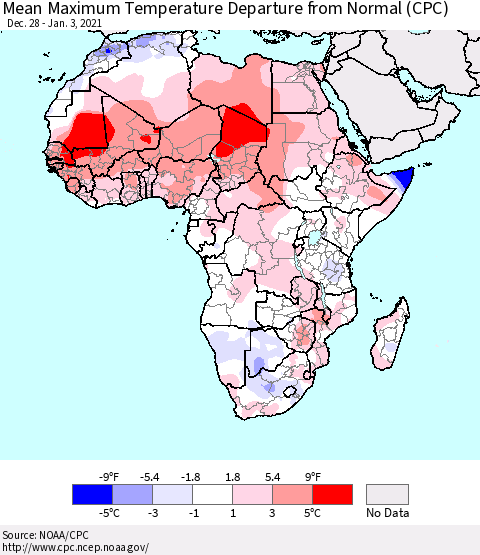 Africa Mean Maximum Temperature Departure from Normal (CPC) Thematic Map For 12/28/2020 - 1/3/2021