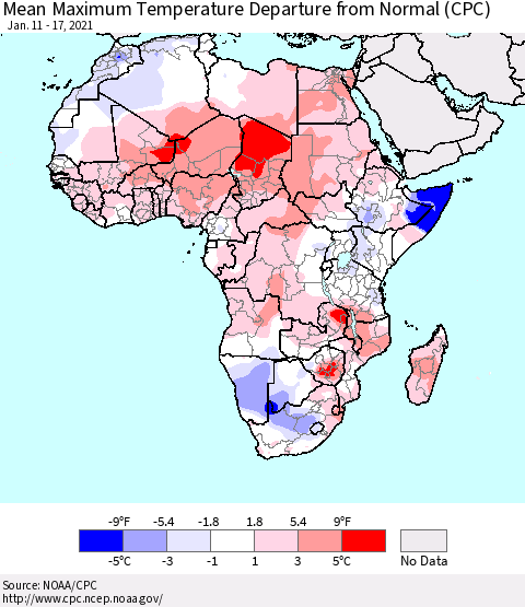 Africa Mean Maximum Temperature Departure from Normal (CPC) Thematic Map For 1/11/2021 - 1/17/2021