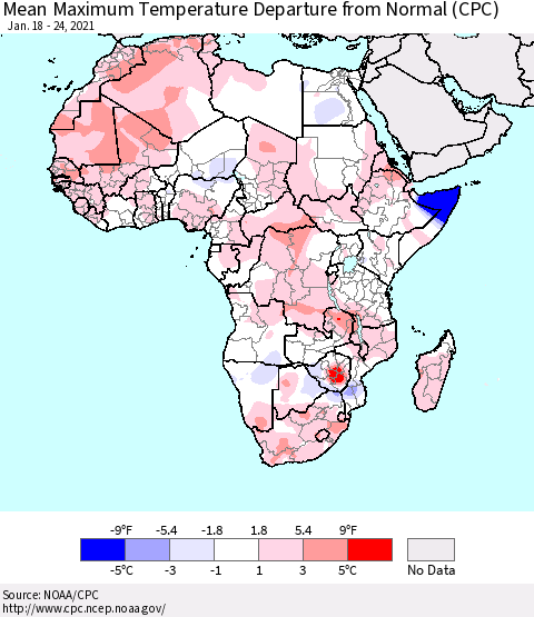 Africa Mean Maximum Temperature Departure from Normal (CPC) Thematic Map For 1/18/2021 - 1/24/2021