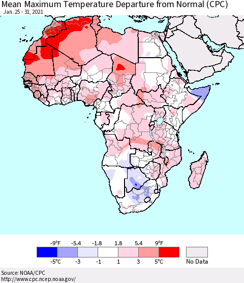 Africa Mean Maximum Temperature Departure from Normal (CPC) Thematic Map For 1/25/2021 - 1/31/2021