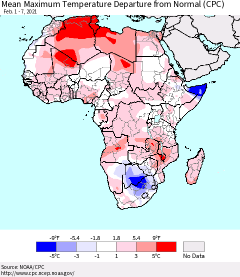 Africa Mean Maximum Temperature Departure from Normal (CPC) Thematic Map For 2/1/2021 - 2/7/2021