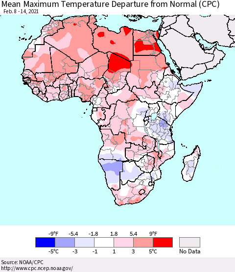 Africa Mean Maximum Temperature Departure from Normal (CPC) Thematic Map For 2/8/2021 - 2/14/2021