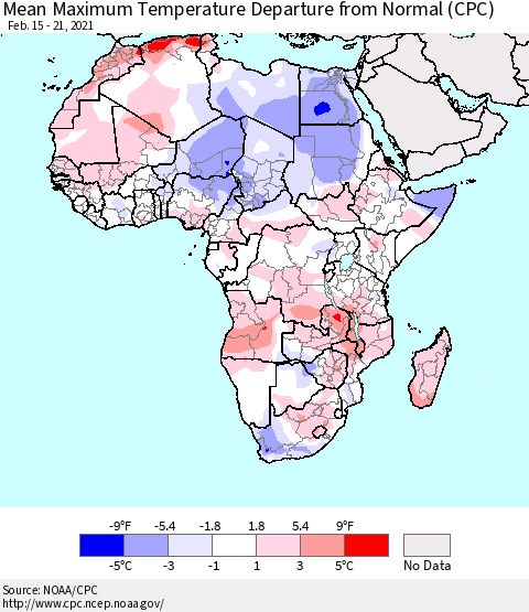 Africa Mean Maximum Temperature Departure from Normal (CPC) Thematic Map For 2/15/2021 - 2/21/2021