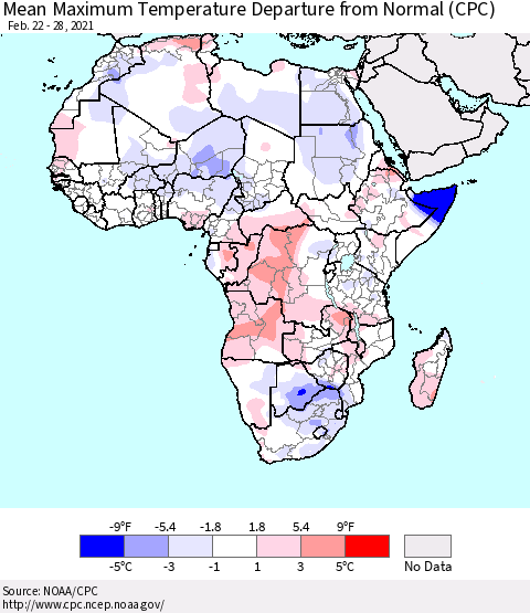 Africa Mean Maximum Temperature Departure from Normal (CPC) Thematic Map For 2/22/2021 - 2/28/2021